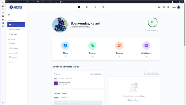 Tela do painel da rede comunitária do site Jornalista Inclusivo, com saudação a Rafael, progresso de perfil e opções para Blog, Fóruns, Grupos e Atividades.